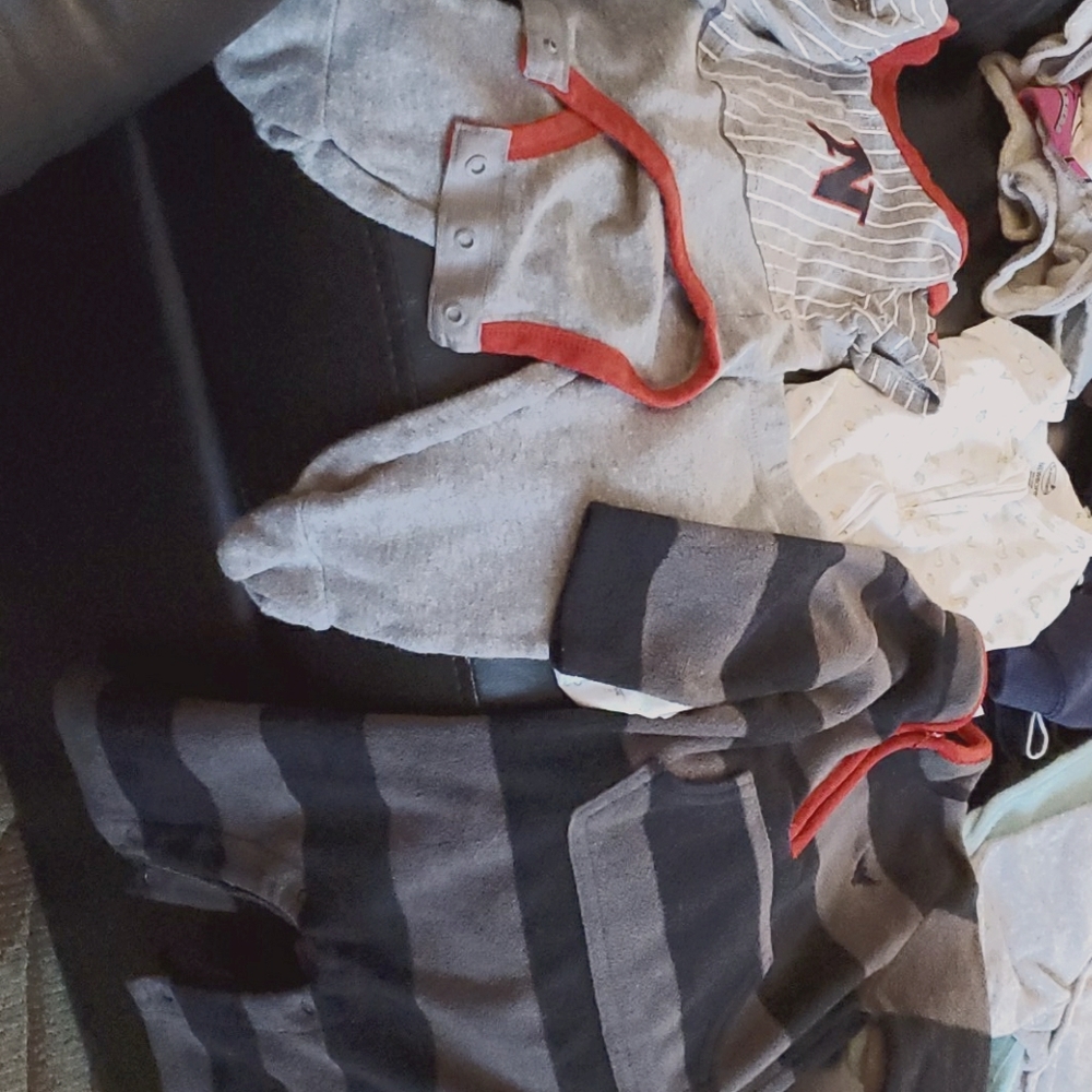 NB grey pants, sleep sack, romper, onsie